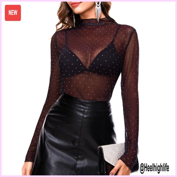 Tops - Sheer Mesh Long Sleeve Layering Top Mock Neck Sparkle Tee